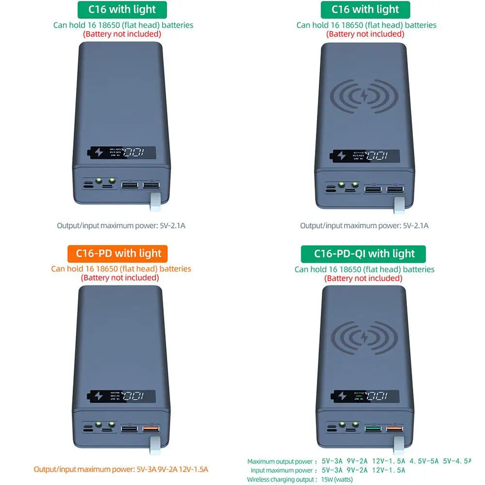 Portable Power Bank Case 16*18650 C16 USB Welding Free Power Bank Case Detachable QC 3.0 PD DIY Shell Housing For Powerbank