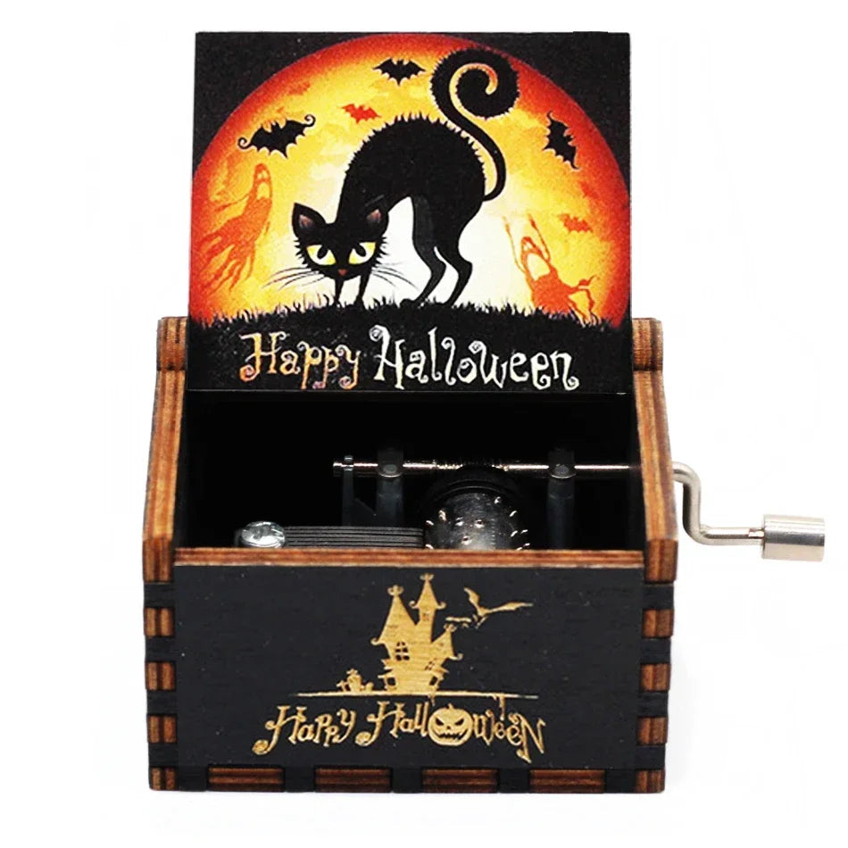 Hot 1pcs Antique carved Wooden Hand Crank Happy Halloween Music Box You are my sunshine Halloween Decor Christmas Birthday Gift