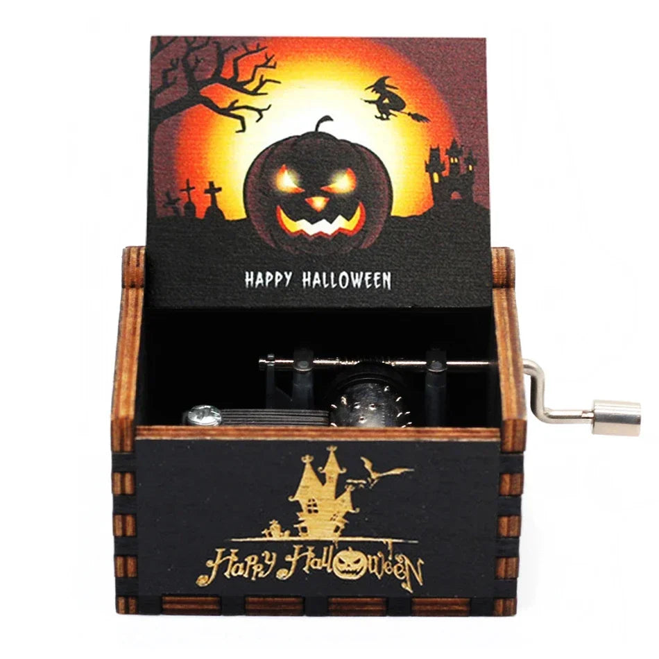 Hot 1pcs Antique carved Wooden Hand Crank Happy Halloween Music Box You are my sunshine Halloween Decor Christmas Birthday Gift