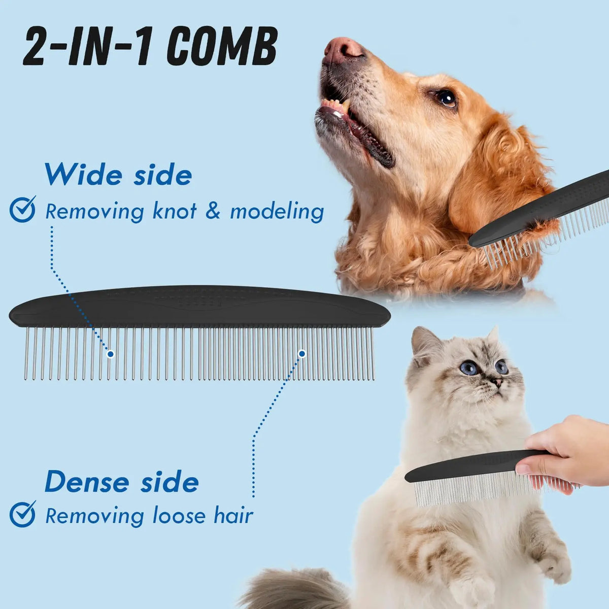 Pet grooming brush and metal comb combo, cat brush dog brush removal, undercoat rake, pet grooming supplies, long-haired pet