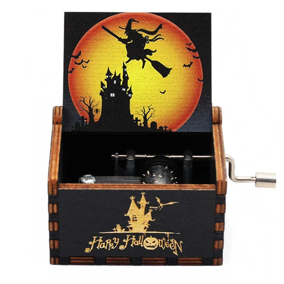 Hot 1pcs Antique carved Wooden Hand Crank Happy Halloween Music Box You are my sunshine Halloween Decor Christmas Birthday Gift
