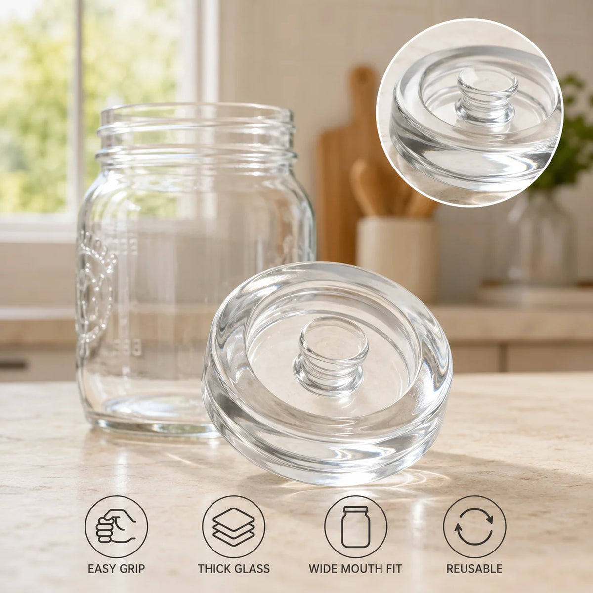 Glass Weights with Handle Clear Wide Mouth Mason Jar Lid Kitchen Gadgets Sealed Storage Container Lids Cheese Fermentation