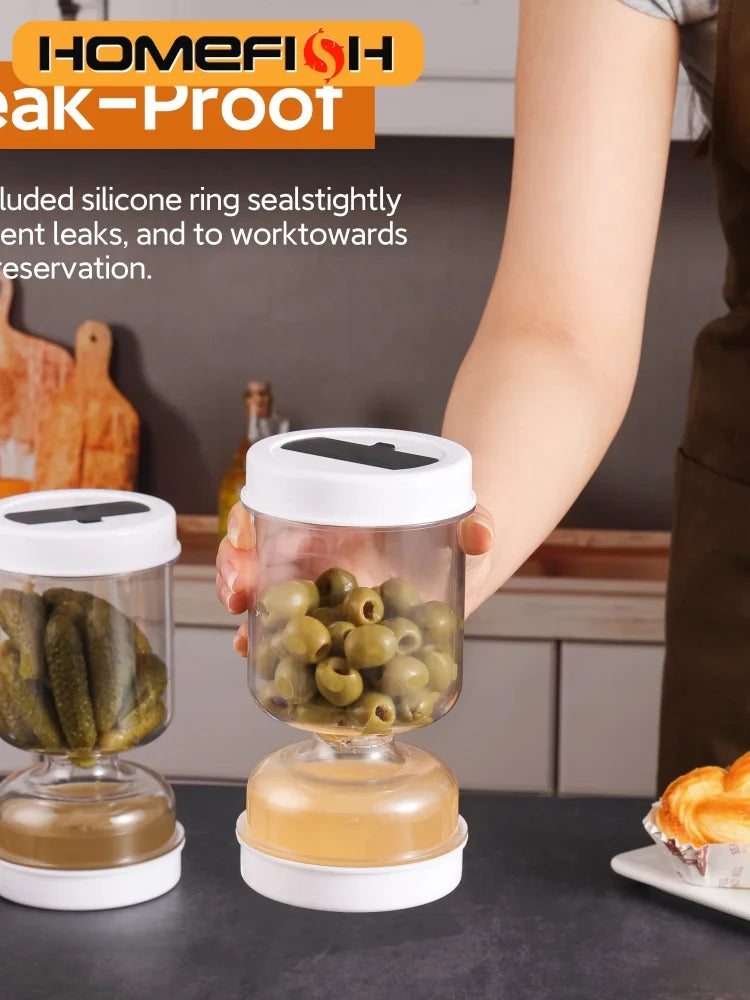 Olive and Pickle Strainer Jar New Olive Container Hourglass Jar with Strainer Flip Pickle Container for Airtight Food Storage