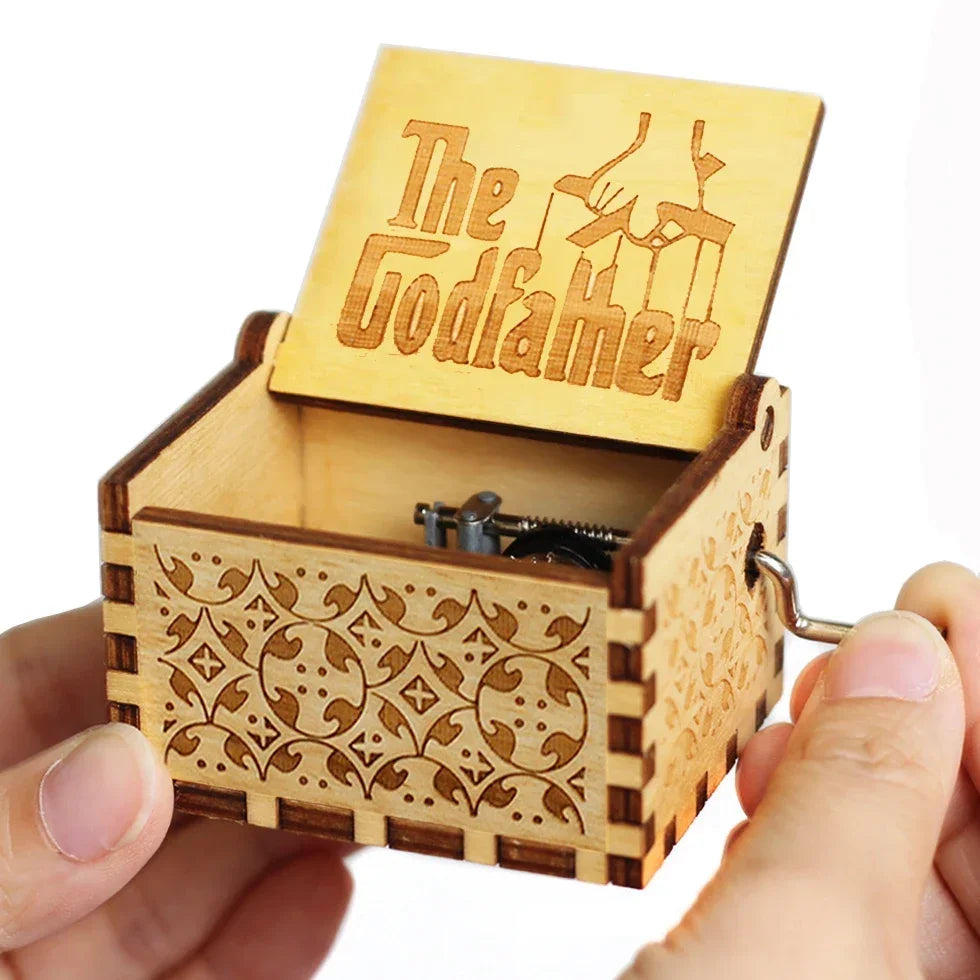 Hot 1pcs Antique carved Wooden Hand Crank Happy Halloween Music Box You are my sunshine Halloween Decor Christmas Birthday Gift