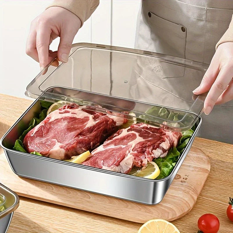 Rectangular Stainless Steel Food Storage Box with Lid – Suitable for Noodles, Fruits, Lunch, and Fridge Organization