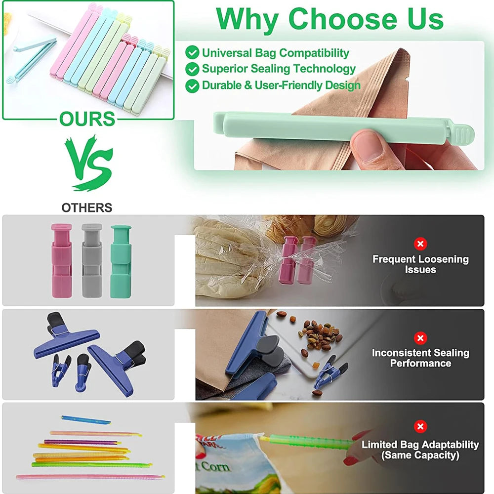 10Pcs Food Bag Sealing Clips Plastic Bag Colorful Sealing Clips for Kitchen Snack Coffee Potato Chip Food Storage Bag