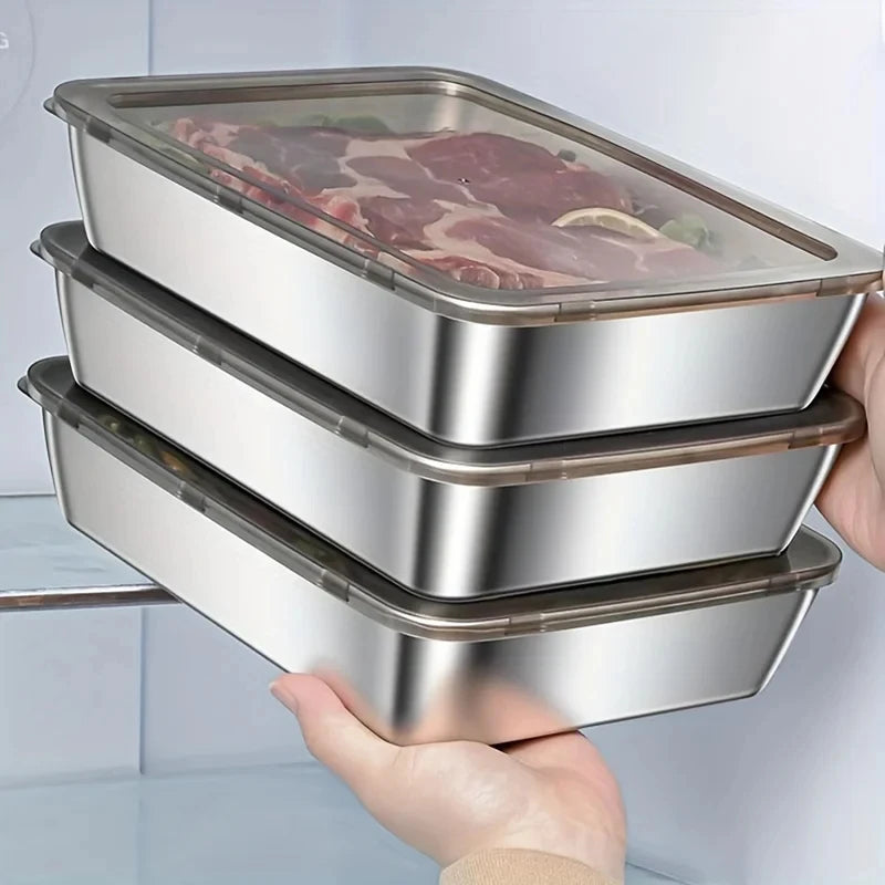 Rectangular Stainless Steel Food Storage Box with Lid – Suitable for Noodles, Fruits, Lunch, and Fridge Organization