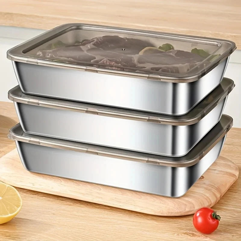 Rectangular Stainless Steel Food Storage Box with Lid – Suitable for Noodles, Fruits, Lunch, and Fridge Organization