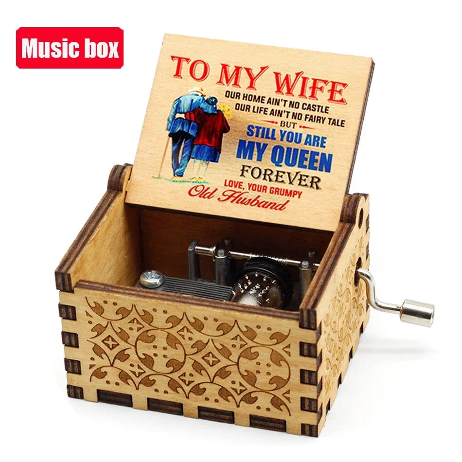 Hot 1pcs Antique carved Wooden Hand Crank Happy Halloween Music Box You are my sunshine Halloween Decor Christmas Birthday Gift