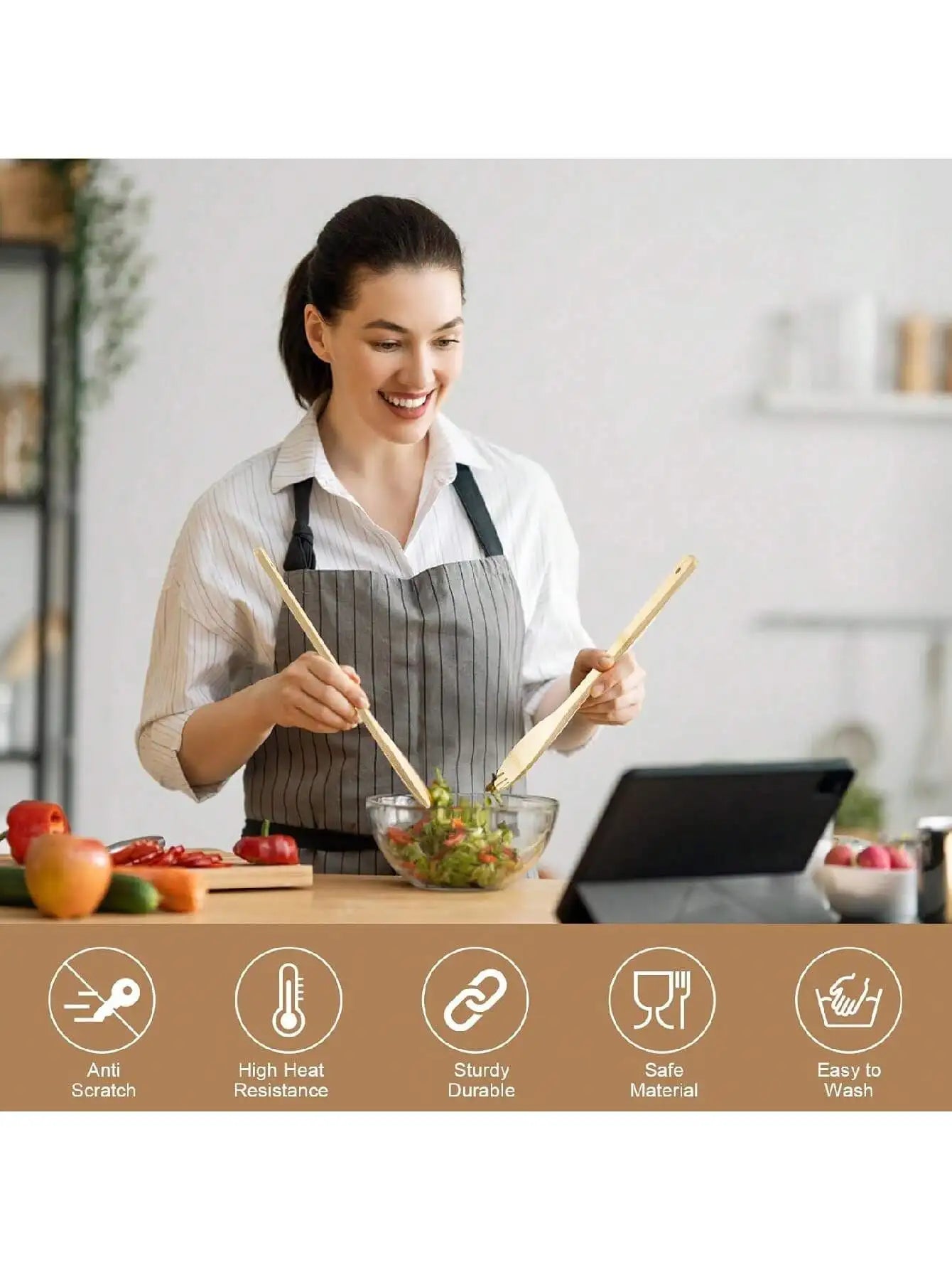 6-Piece Wooden Utensil Set - Natural Bamboo Spoons & Spatulas for Cooking, Kitchen Gadgets, Eco-Friendly Tools