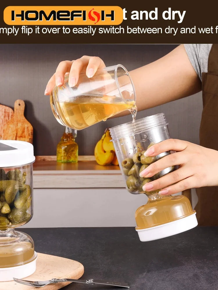 Olive and Pickle Strainer Jar New Olive Container Hourglass Jar with Strainer Flip Pickle Container for Airtight Food Storage