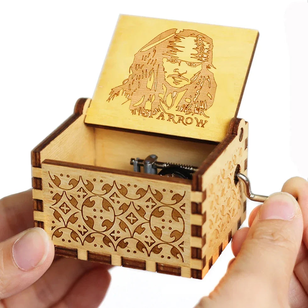 Hot 1pcs Antique carved Wooden Hand Crank Happy Halloween Music Box You are my sunshine Halloween Decor Christmas Birthday Gift