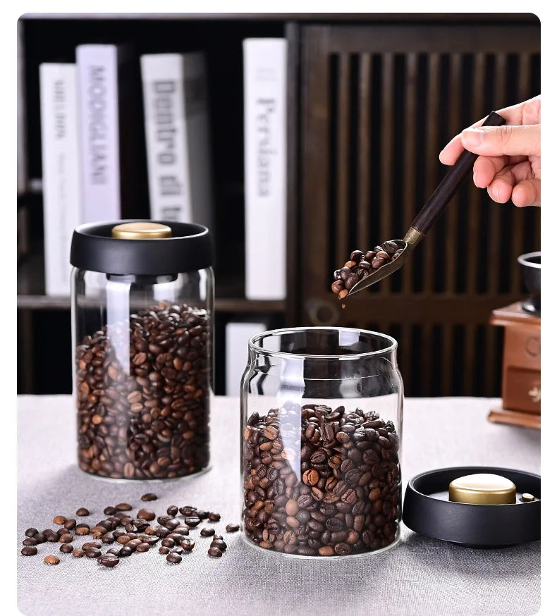 Coffee Bean Storage Jar, Vacuum-Sealed Jar, Kitchen Food Storage Glass Jar, Freshness Preservation Jar