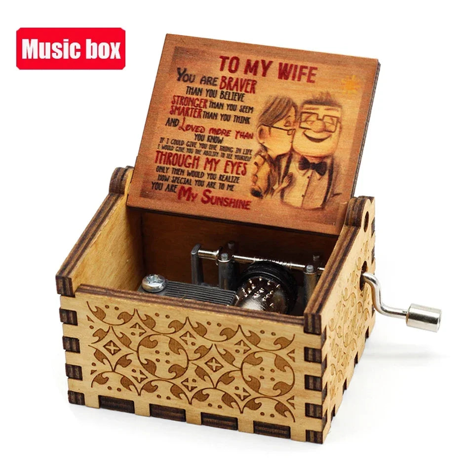 Hot 1pcs Antique carved Wooden Hand Crank Happy Halloween Music Box You are my sunshine Halloween Decor Christmas Birthday Gift