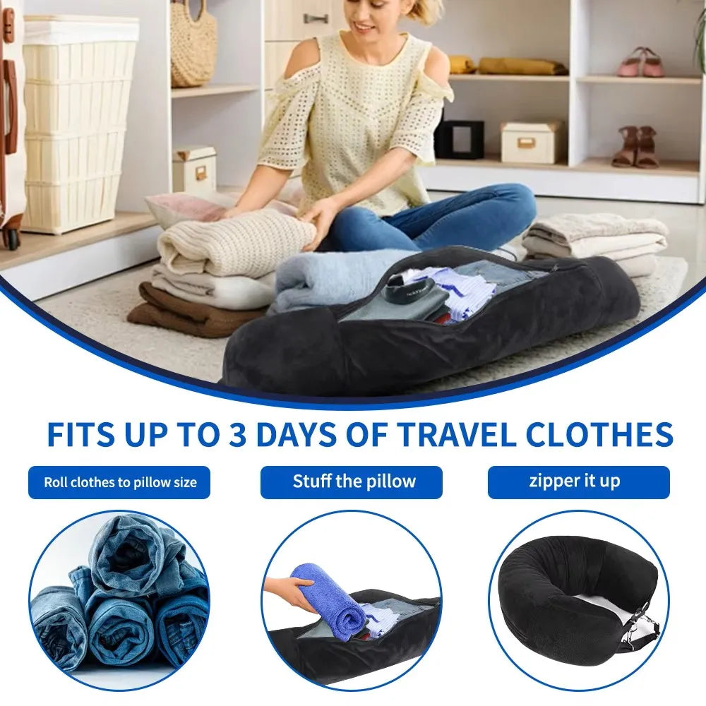 Travel Neck Pillow with Fillable Clothing U-Shaped Pillowcase, Extra Storage Bag, Velvet Neck Pillow Cover for Airplane Travel