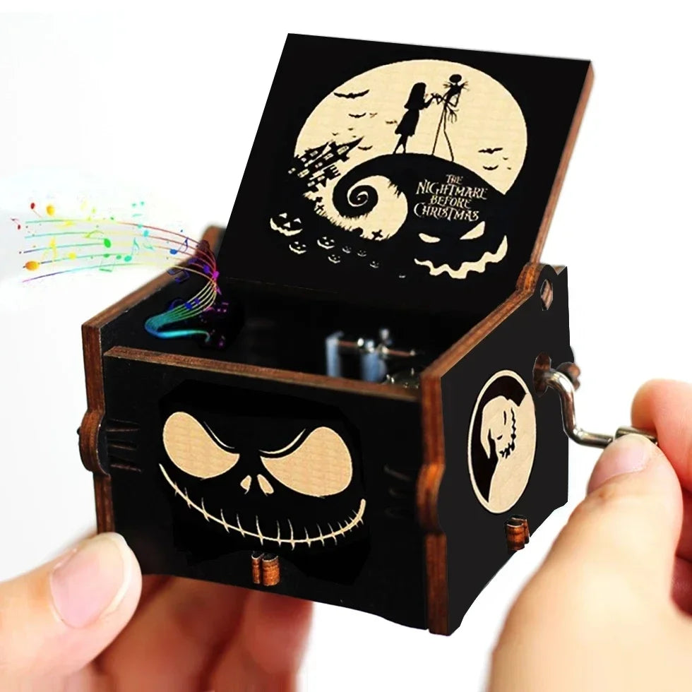 Hot 1pcs Antique carved Wooden Hand Crank Happy Halloween Music Box You are my sunshine Halloween Decor Christmas Birthday Gift